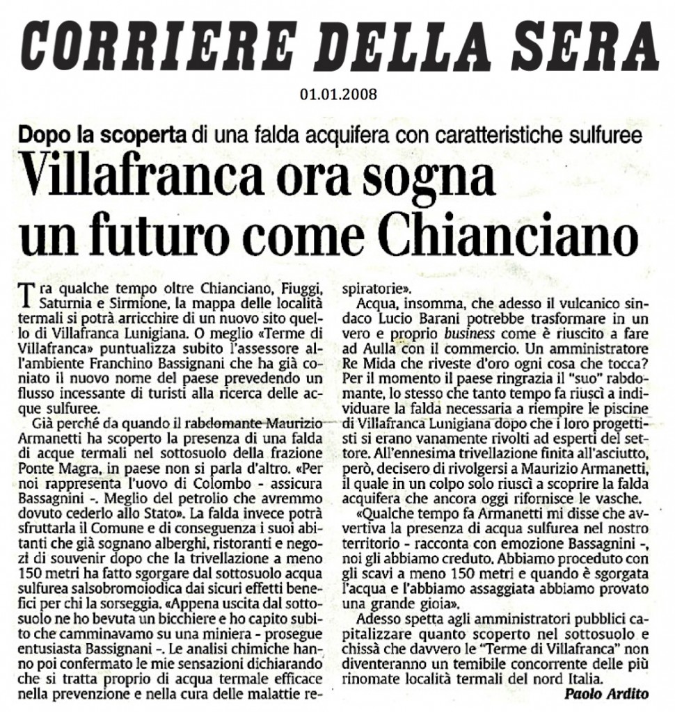 Stampa - Corriere della Sera - Acqua Termale - Maurizio Armanetti - Rabdomanzia