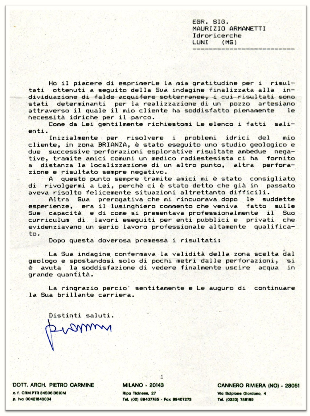 Testimonianze - Lettera di ringraziamento al Rabdomante Maurizio Armanetti 